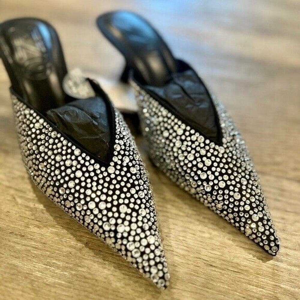 MANGO Crystal Rhinestone Mule Heels NWT Pointed Toe Kitten Heel Size 6.5 - Picture 11 of 16